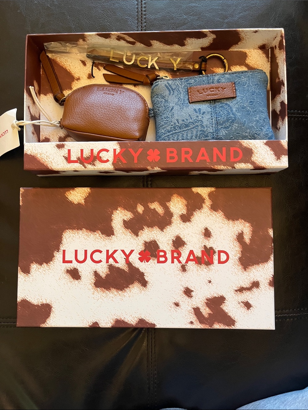 Lucky Brand Brown Leather Coin Pouch with Blue Denim Zip Card Holder